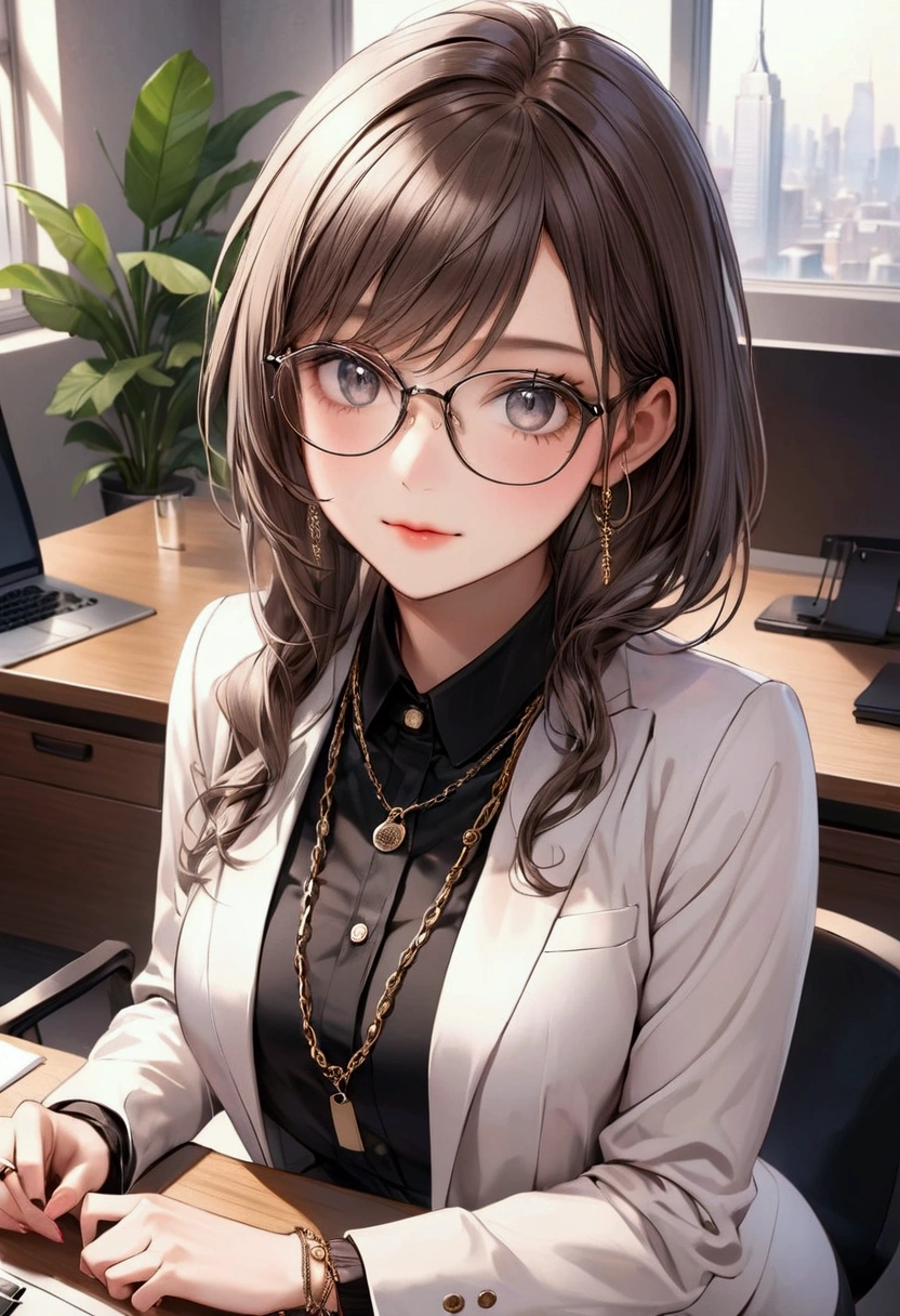 cute girl with trendy glasses with glasses chain strap, looking cute and stylish, dressed in a chic office lady outfit.