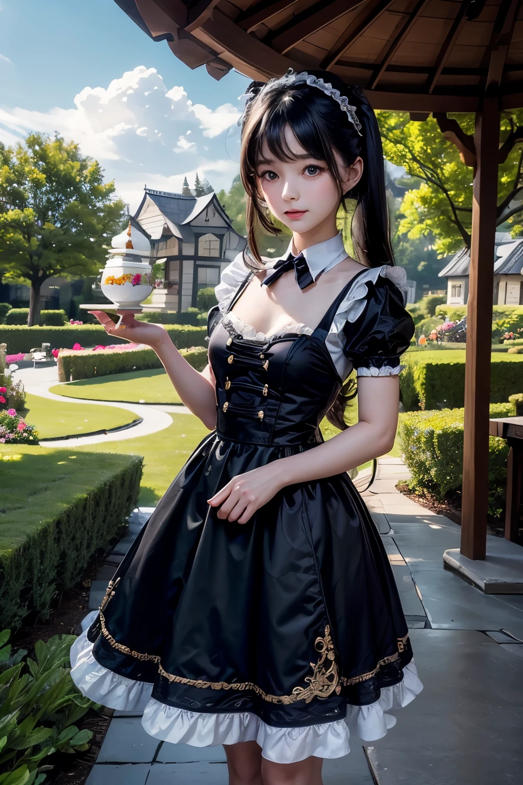 masterpiece,Highest quality,Very detailed,Maid Girl,,Small breasts,Black Hair,very cute,Maid clothes,Outdoor,Garden Gazebo,Tea party