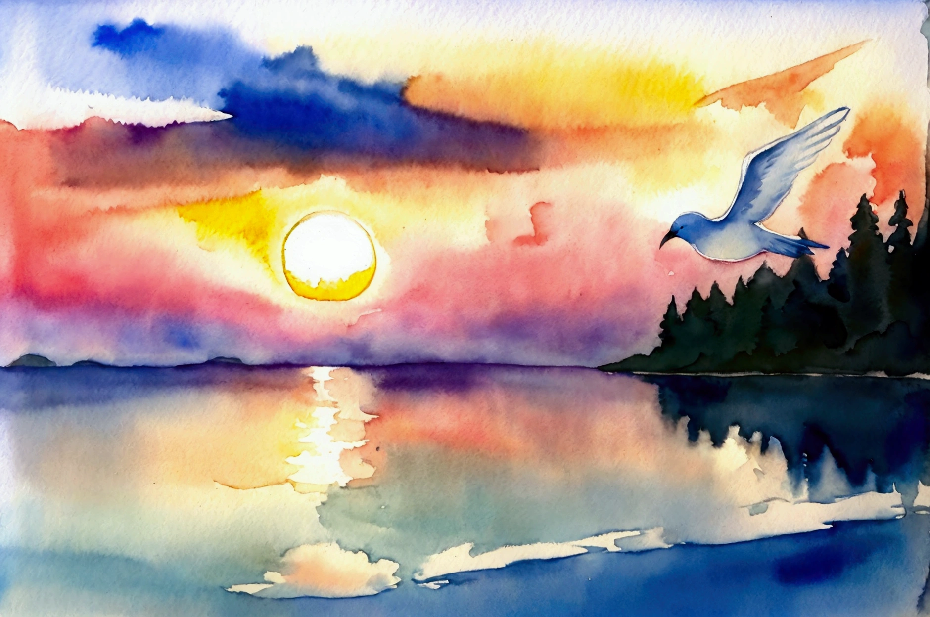 Good luck、Simple picture、Watercolor、Beautiful scenery、migratory bird、Sunset