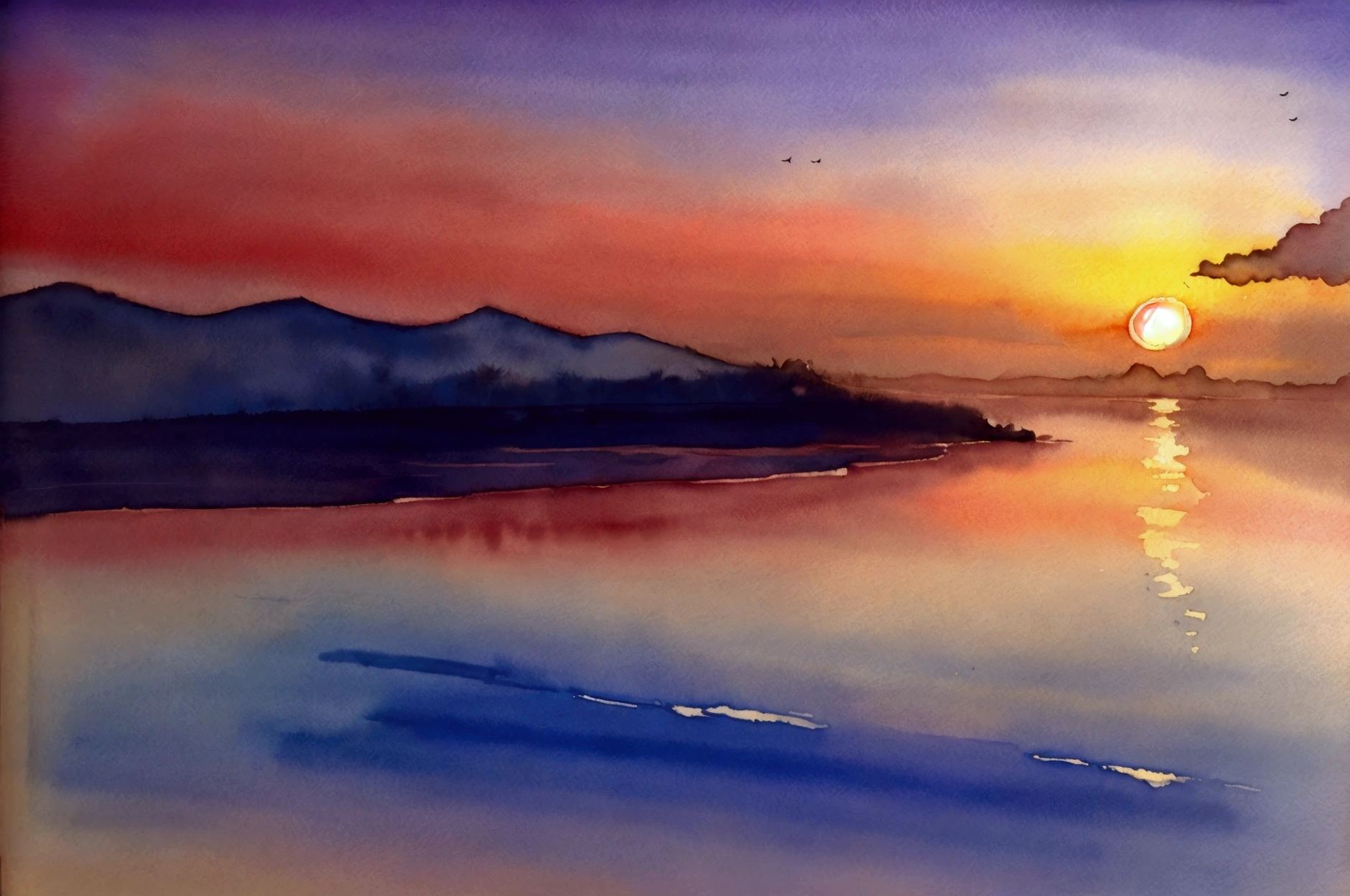 Good luck、Simple picture、Watercolor、Beautiful scenery、migratory bird、Sunset