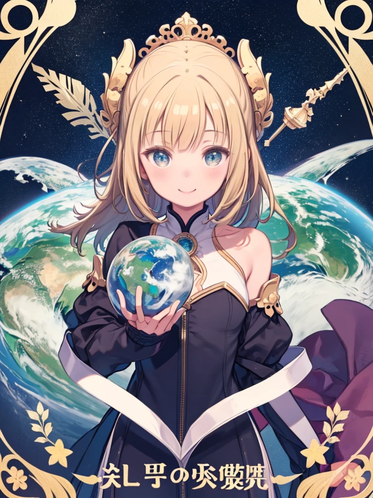 One Girl、Smiling、((Hold the Earth in front of your chest、A small globe in front of the body))、Space Background、Take control of the world、Ruler、World Conquest、Upper Body、