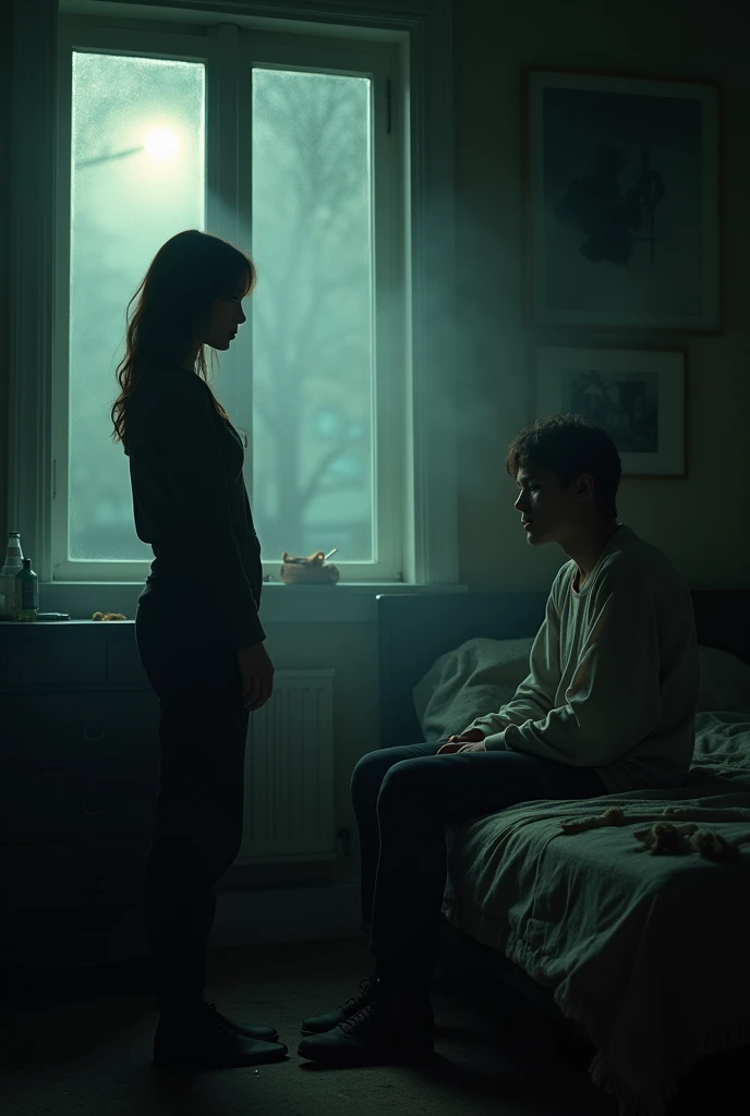 A poignant cinematic portrait of a young couple in a dimly lit apartment, capturing the essence of despair and isolation. The woman stands by the window, her face illuminated by the soft glow of a streetlight, her eyes full of sadness. The man, seated on the edge of the bed, holds a cigarette, the smoke creating a hazy atmosphere. The room is filled with empty bottles and scattered cigarette butts, reflecting the gloomy atmosphere of their relationship. The image has a nostalgic and melancholic tone, with the couple seemingly trapped in their own world of sorrow., cinematic, portrait photography, photo