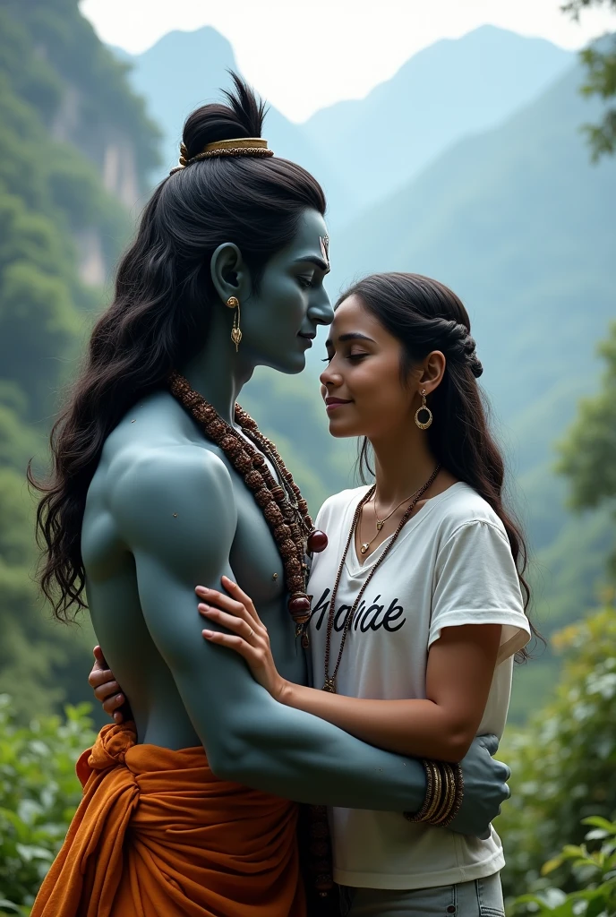 Create a high quality realistic image, lord Shiv and a 20 year old teenage girl hugging are Warking with each other, girl is wearing white t-shirt on which his name "NANDNI" is written boldly on top, both are Happy, environment is mountain, background is of tree, image should ultra