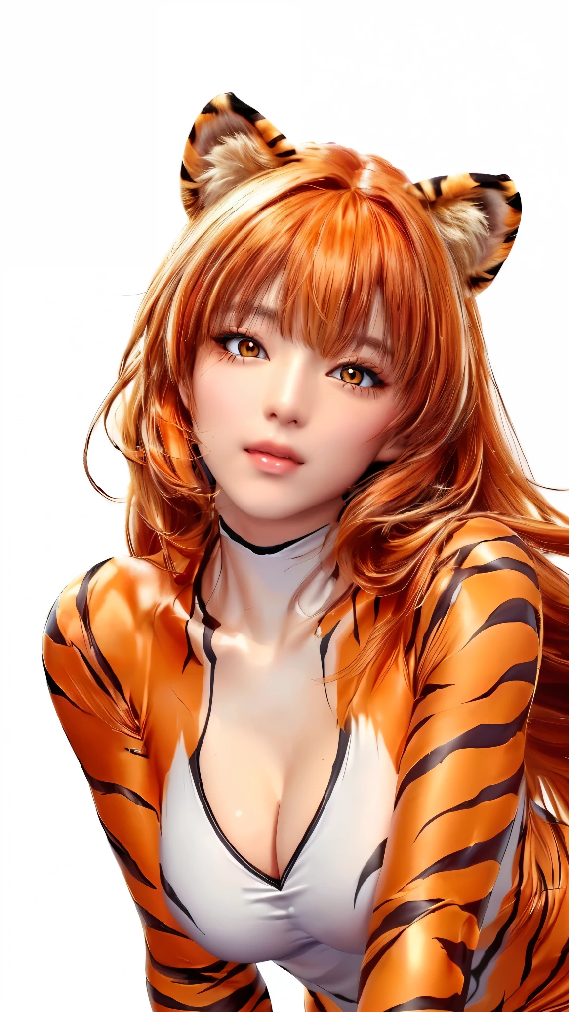 (（（Perfect body,（（（hwjsy, tigerstripebodysuit  ）））,（（（Orange hair, orange long hair, orange straight hair, golden eyes, red lips, pink powder blusher, tiger ear headdress））），((masterpiece)),high resolution, ((Best quality at best)),masterpiece,quality,Best quality,（（（ Exquisite facial features,Looking at the audience,There is light in the eyes,Smile））），Looking up，From below）））,（（（Light and shadow,Huge breasts，）））,（（（Looking at the camera,White background,)））)