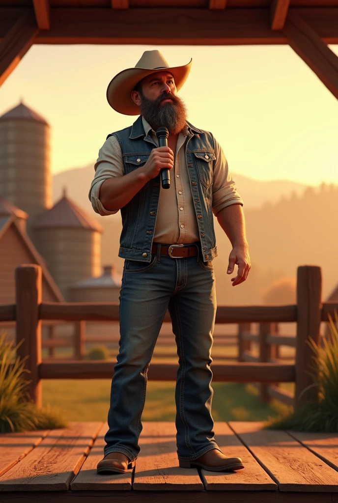 Create an image of a 2 country singer with a beard and mustache, on a stage singing with a farm theme