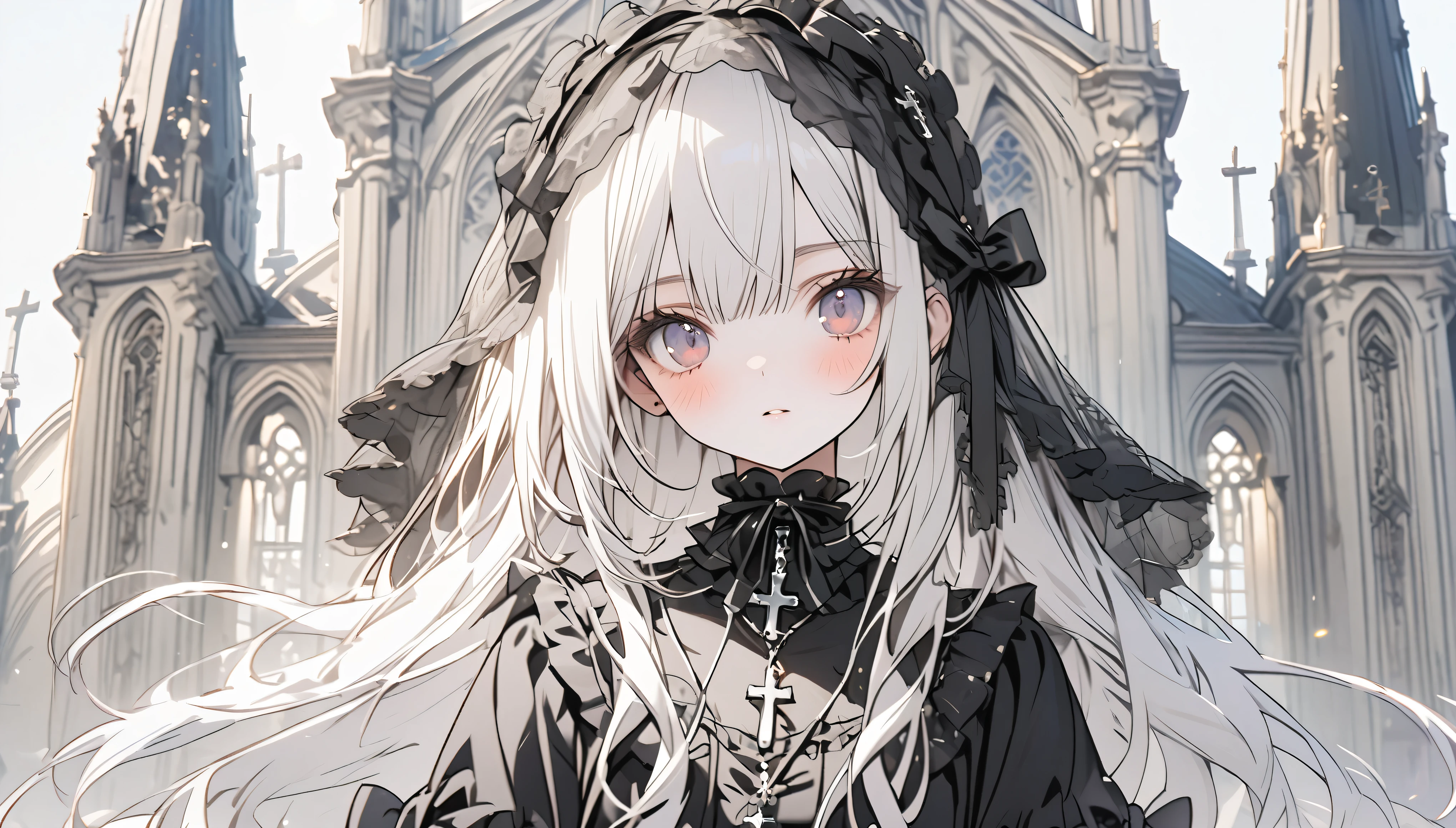 Beautiful girl with white hair,Black Lolita Outfit,Lolita veil,cross pendant,Standing in front of the church garden,Character Close-up,Full body shot
