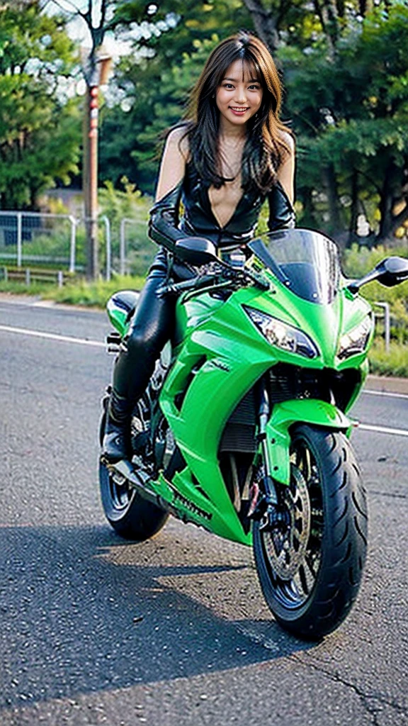 (Realistic:1.5), 8k, Ultra-high definition beauty, Japanese beautiful girl、1 junior high school student,Brown hair up to the shoulders、短めの髪、 (a sunny day:1.5),Upper body naked、sexly, open-chested riding suit、low length、Immature body、Very beautiful and small breasts、Narrow waist、Small butt、 (Highest quality: 1.0), (Ultra Sharpness: 1.0),(Beautiful and delicate depiction of eyes),Kawasaki Ninja 300、green bike、Big bikes、((((Riding on motorcycle、Riding on motorcycle)))), at best,Full Body Shot、(((sexly open-chested rider suit)))、smile、Completely naked