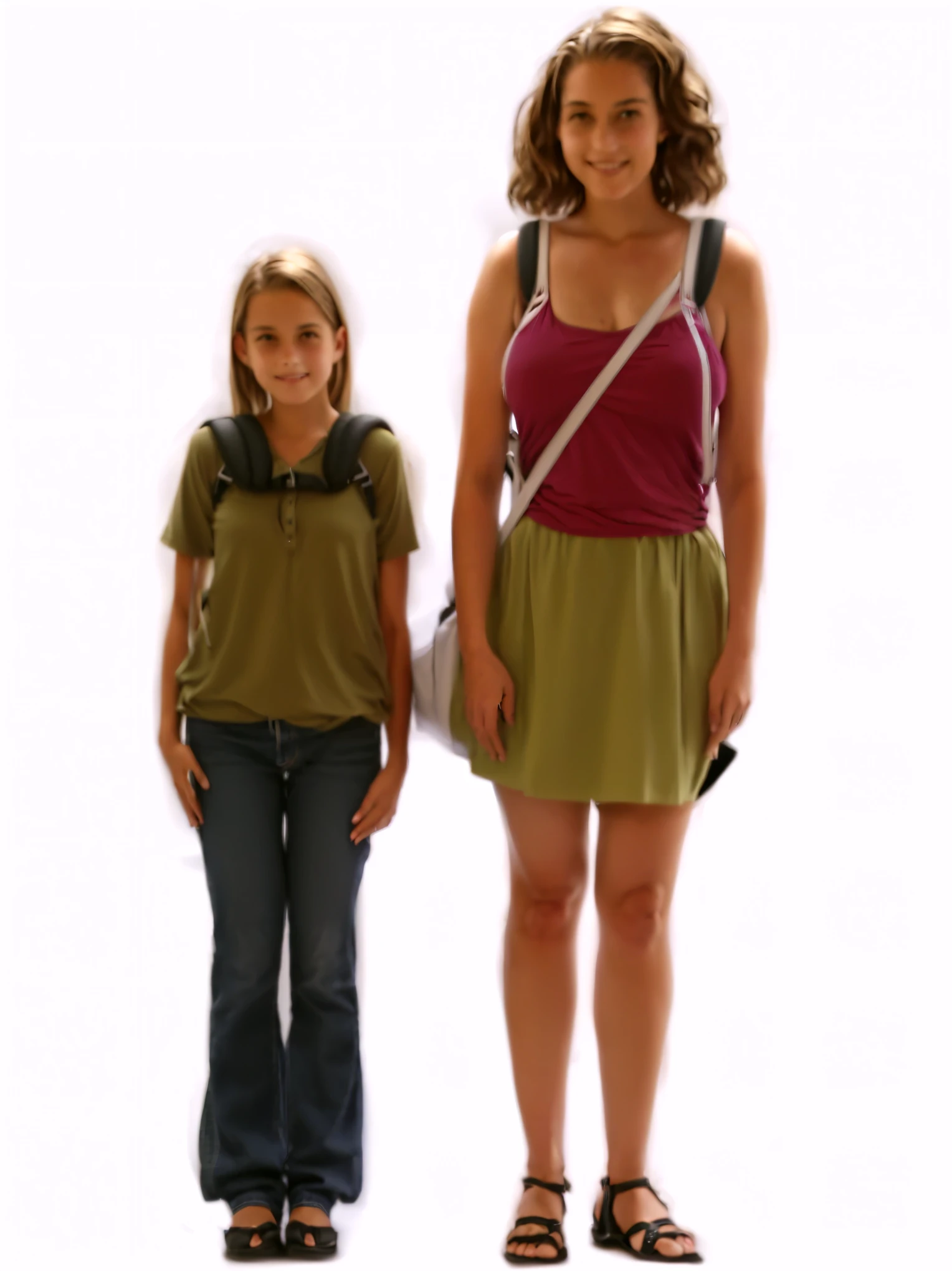 12 yo daughter and 45 yo mother standing next to each other with a backpack, tall and small, tall and slim figured, tall and slim, [ digital art, tall and lanky skinny, she is tall, size difference, detailed, medium shot of two characters, short person, two skinny figures, very very low quality picture, young and slender