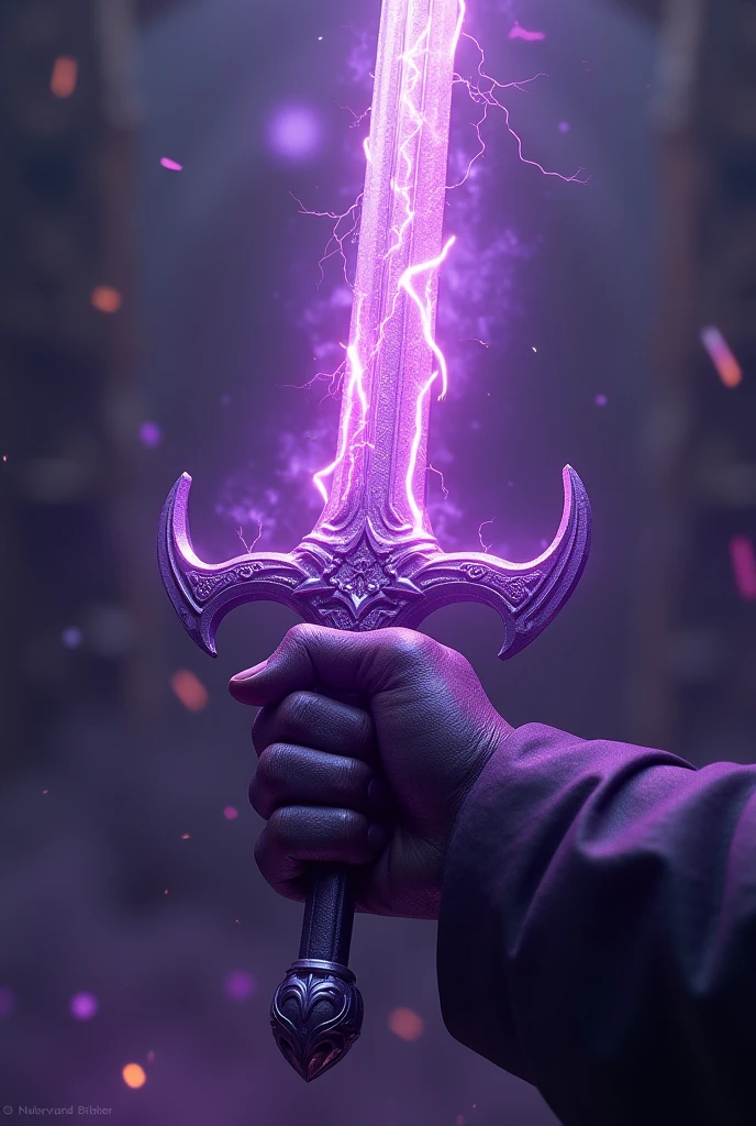 masterpiece, Highest quality, High resolutionCG Unity 8K壁紙, Giant purple sword with lightning. It is made with great precision. High resolution, A huge, shining sword. He is looking at you with his big, piercing eyes.. The sword glows purple, Creates an evil atmosphere. Three-dimensional illustrations with a sense of depth, (((The tip of the sword is pointing towards this))), Anatomy of the hand, Anatomical finger, Perfect hands, Perfect Fingers, Golden Ratio, 3D Art, 2.5D Art, Octane Rendering Style