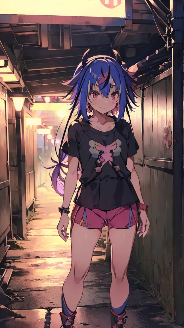 masterpiece, Highest quality, High resolution, Very detailed,(((Mikoto Naruka))), (((smile)))、(((Standing in the distance))), (((tunnel))), (((Neon Light))), (((Wearing a black T-shirt。))), (((hot pants))), (((Multicolored Hair))), (((horn))), (((Pink Eyes)))
