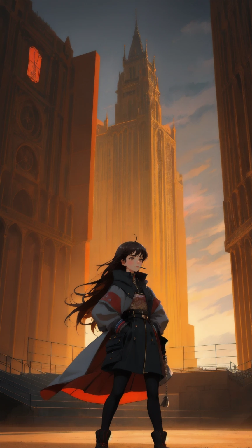 A cute, beautiful girl with a playful expression, standing triumphantly in the middle of a grand, dusty arena under a moody sky. The arena is surrounded by towering, curved structures with rows of windows and small balconies. The girl is styled with tattoos in a quirky, exaggerated anime style, holding a cigarette in her mouth, exuding a bold and confident vibe. The large letters 'GM' are displayed prominently, partially covering the scene, contributing to the dramatic composition. Inspired by the same artistic themes as the original, with an epic, full-color illustration that brings a humorous and surreal feel to the image. Background must be brown.