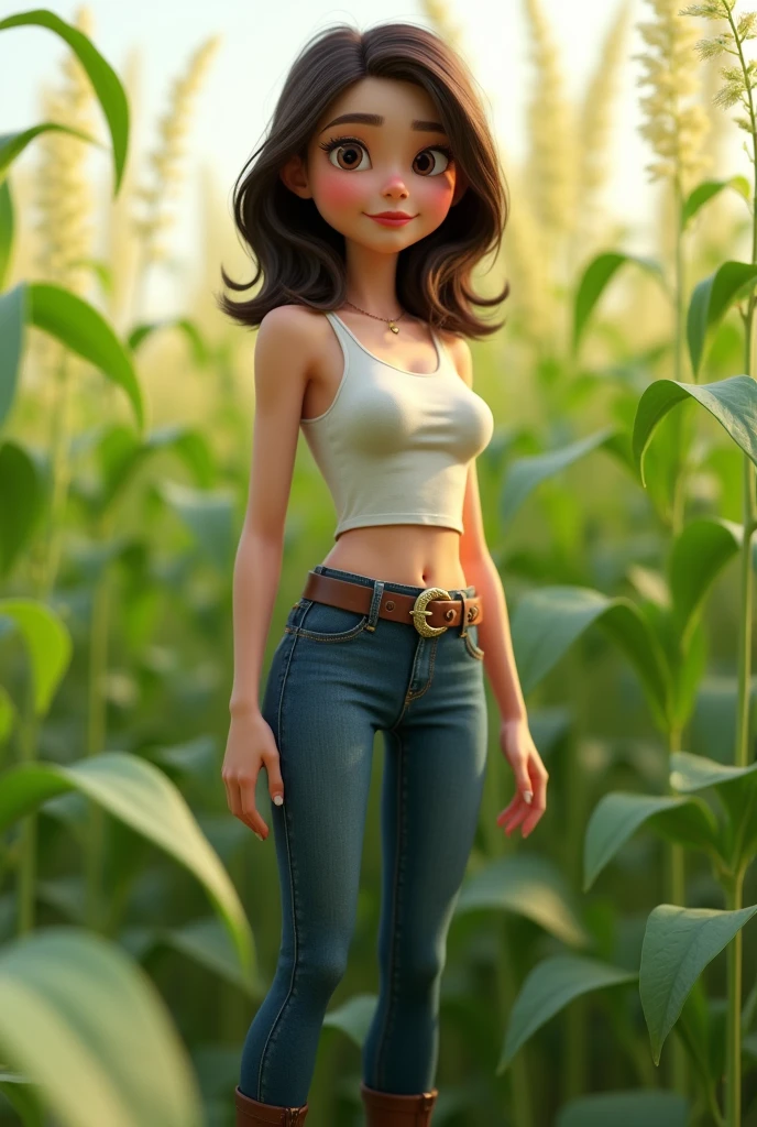 3d animation pixar style, 20 year old girl, agronomist, skinny, with white skin, big tits, medium length dark brown hair, wearing jeans with a buckle belt, wearing ankle boots, with a short blouse showing her belly, in amidst a sorghum field