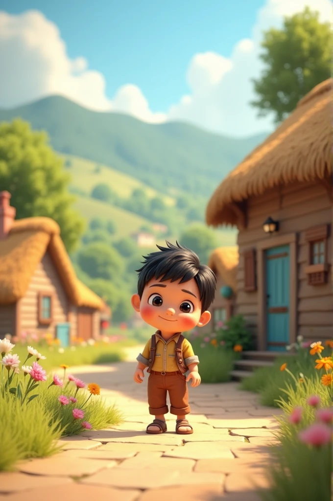 Young boy in village ai 3d image cartoon type 