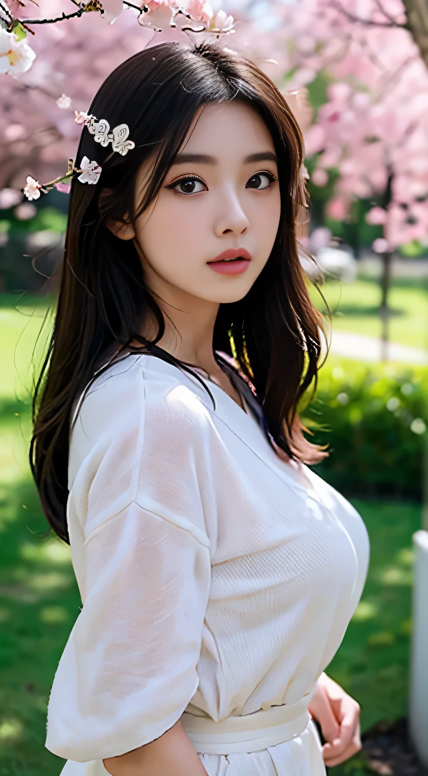 Best Quality, 4K,8K,Realistic, Photorealistic, ighly detailed, extremely delicate and beautiful, Raw photo, Japan and the beauty of Korea，Korean  beauty，Wear JK, a miniskirt，Large breasts，(Beautiful detailed eyes,Beautiful detailed lips,extremely detailed eye and face,long eyelasher), Beautiful hair, joyful look, Surrounded by cherry blossom trees, It has a cute anime style, In a picturesque garden bathed in sunshine. Artwork is of the highest quality, Ultra-detailed features and realism, realistic touch. Colorful，Lighting creates a warm atmosphere, dreamy ambiance.