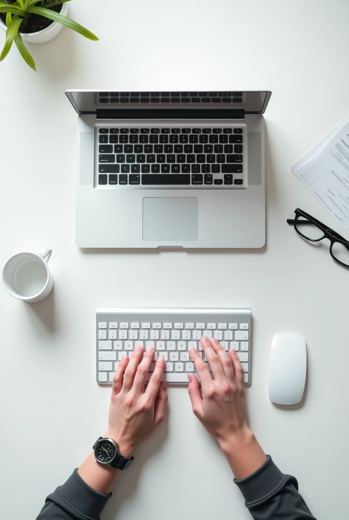 Create a top-down view image that captures a tight close-up shot of a worker's hands typing on a laptop. The focus should be on the laptop and the hands, with the rest of the scene featuring a minimalist, all-white table surface. The design should be clean and modern, emphasizing the workspace's simplicity and the worker's concentration on the task at young hand  dimention 16:9