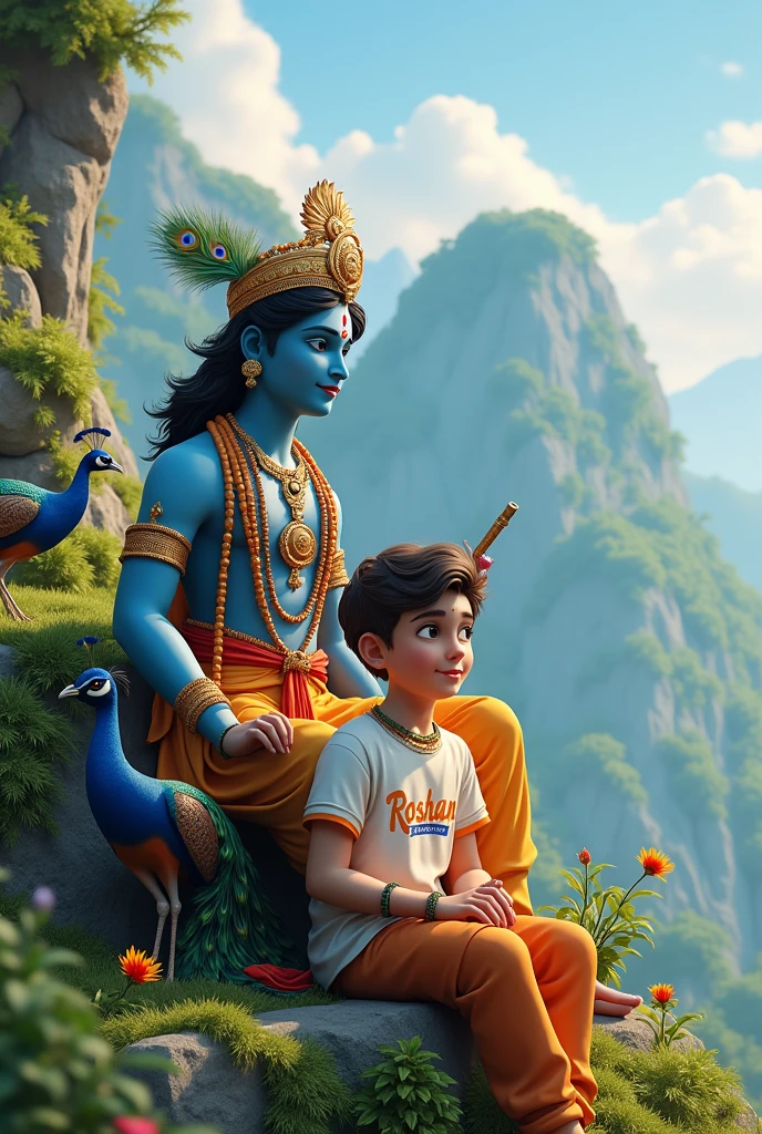 create a 3d realistic illustration of a teenage boy sitting with lord shri krishna and krishna is holding a flute, they are sitting on a mountain with full greenery background and peacock is also there. the girl is wearing an casual outfit where “ROSHAN” is written on his t shirt with bold letters.