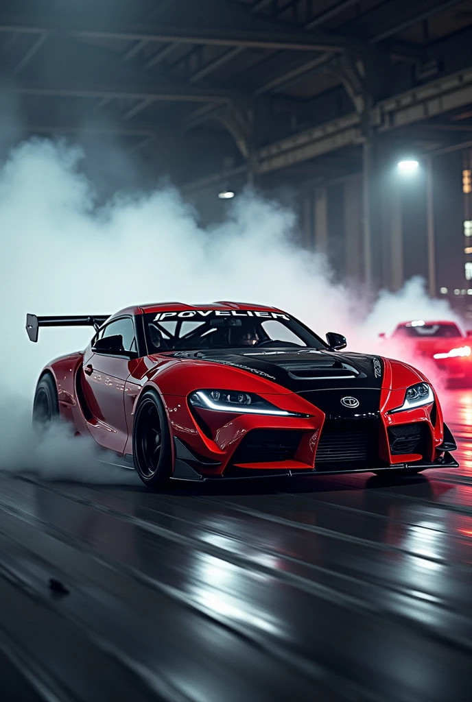 Red and black cars、Drifting、Brake marks、Light rays、