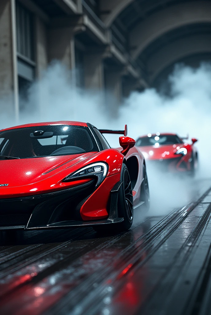 Red and black cars、Drifting、Brake marks、Light rays、