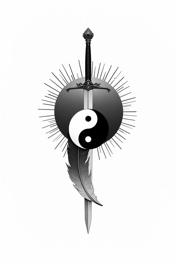 Dessine moi sur un fond blanc un dessin noir et blanc d'un soleil avec le symbole du yin et du yang au centre et avec une épée simple en diagonale et une plume de rapace gerfaut entrelacée avec la lame de l'épée.