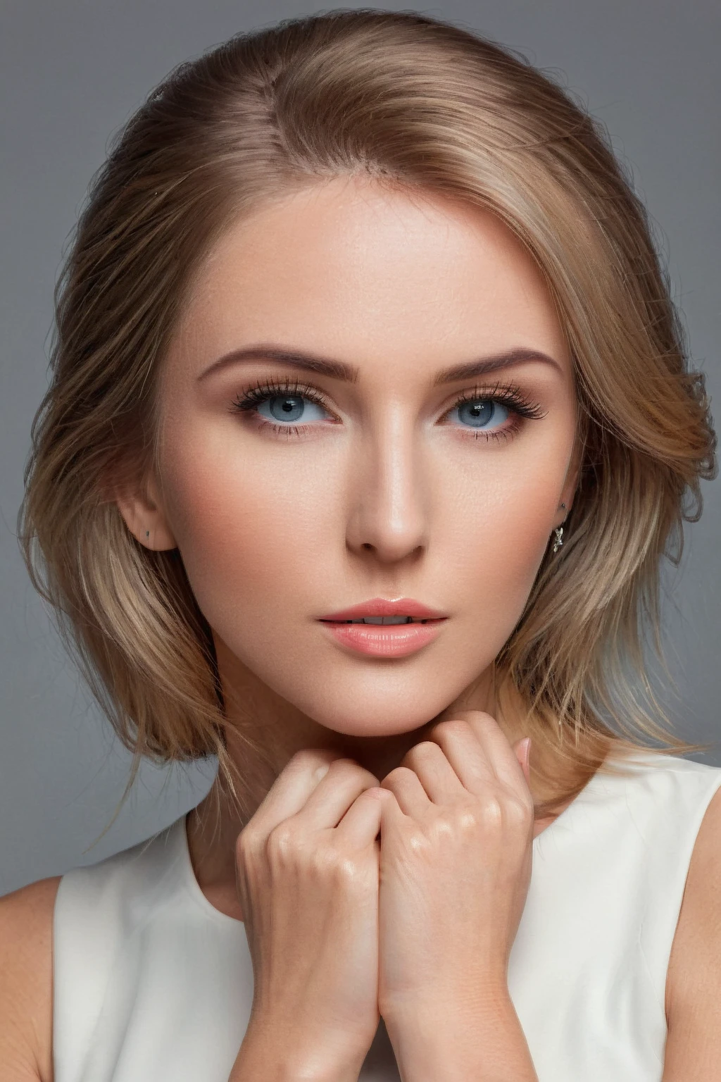 close-up of a woman, hands folded, attractive woman, Attractive girl, Girl with blond hair, blonde и привлекательные черты лица, perfect face model, blonde, medium length hair, nice woman, perfect face ), 