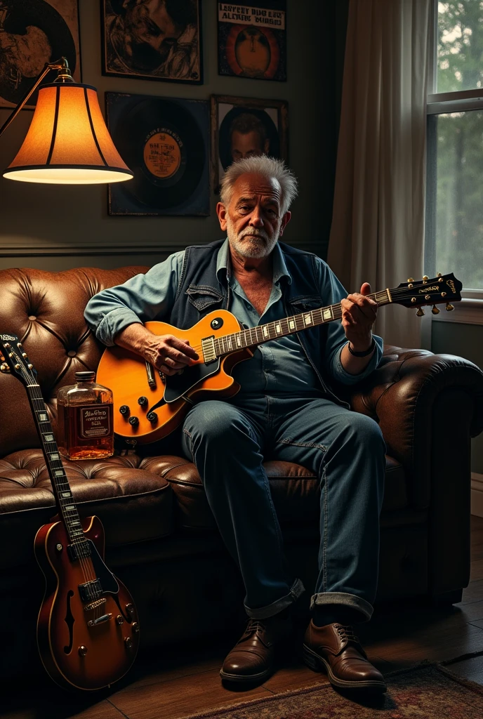 I want a blues player sitting on the couch with bottles of whiskey and his Gibson electric guitar by his side, the whiskey bottles have to appear next to the guitar, and next to it blues records by Eric Clapton and Albert King.