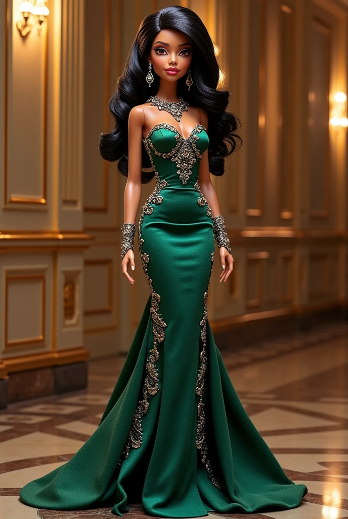 Showcase Nevra from Bratz in a glamorous and sophisticated setting that highlights her elegant and poised style. She wears a luxurious, floor-length gown or a sleek, high-fashion dress with intricate detailing and embellishments. The gown is often in rich, deep colors like emerald green or royal blue, complemented by elegant accessories such as chandelier earrings and a statement necklace. Nevra’s dark, long hair is styled in sophisticated waves or an elegant updo, enhancing her refined look. Her makeup is classic and polished, featuring a neutral or smoky eyeshadow, well-defined brows, and a soft, elegant lip color. She stands with a graceful and poised demeanor, capturing her timeless beauty and elegance in a refined and opulent setting.