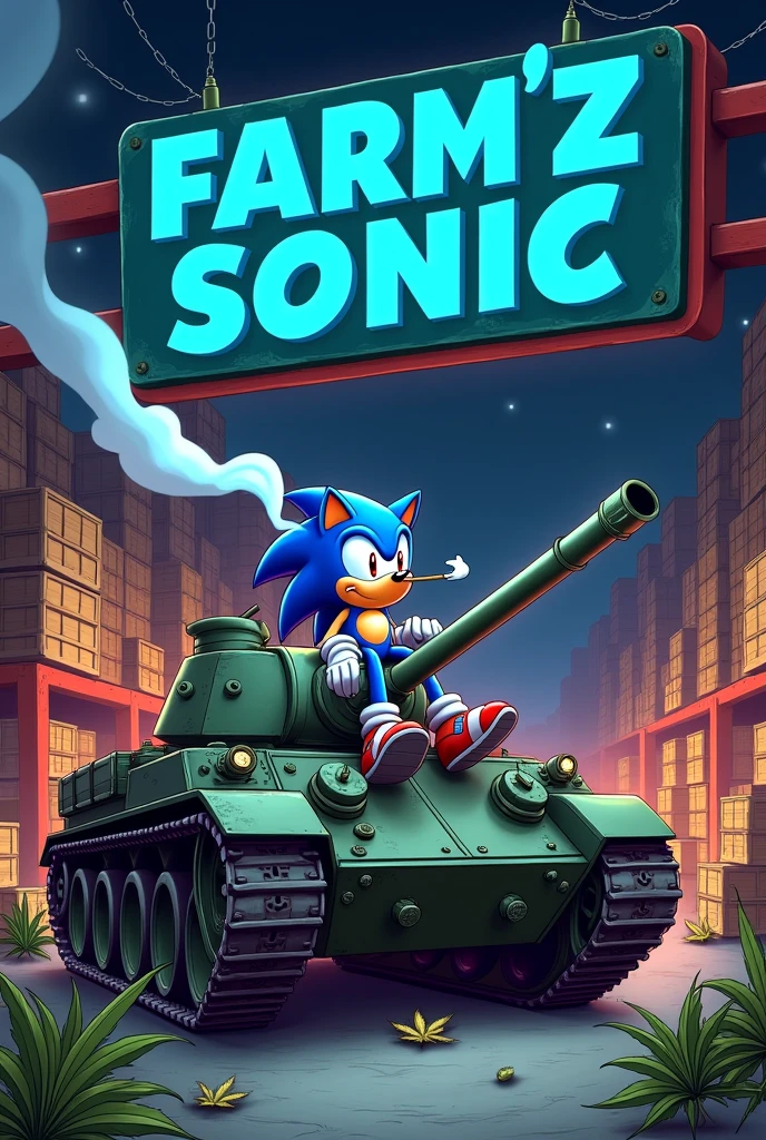 entrepôt avec beaucoup de cargaison de weed et il y'a ecrit Farm'z Sonic en bleu en haut sur une grande pancarte et je veux qu'il y'a sonic avec les yeux rouge qui fume un joint assis sur un tank en cartoon