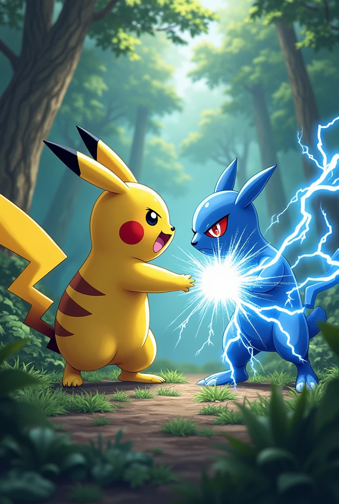 Angry Pikachu use thunderbolt attack to ash Pokemon in forest