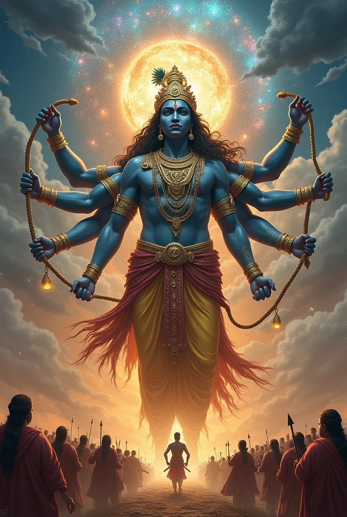 In the Bhagavad Gita, Lord Krishna reveals his Vishwaroopam (Universal Form) to Arjuna on the battlefield of Kurukshetra. This form is described as an awe-inspiring, vast, and magnificent cosmic vision that encompasses the entire universe.
Krishna’s Vishwaroopam is depicted as having thousands of faces and eyes, numerous arms and legs, and adorned with countless ornaments. His form is all-encompassing, displaying an infinite range of divine manifestations, including gods, sages, and various creatures. The form is both terrifying and majestic, representing the ultimate reality of divine omnipresence and omnipotence. The sheer scale of this form transcends normal human perception, symbolizing the boundless nature of the divine and the infinite scope of the cosmos.with full of weapons in all hands