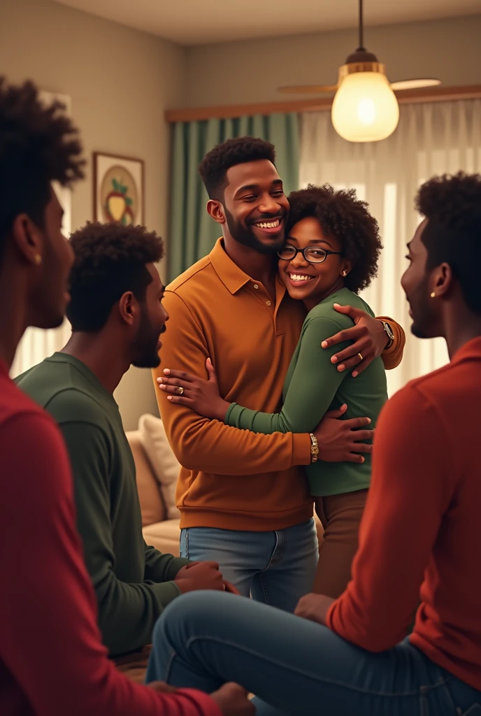 Generate an image of a black handsome man being very friendly and hugging with his black friends in a nice interior