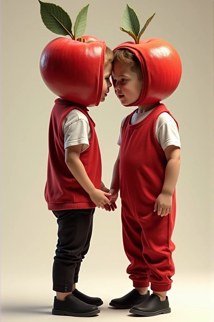 A kid wearing velvet material jumpsuit of a fruit apple and head also should be covered with jumpsuit , standing with another ??? wearing a white T shirt and black pant with black shoe