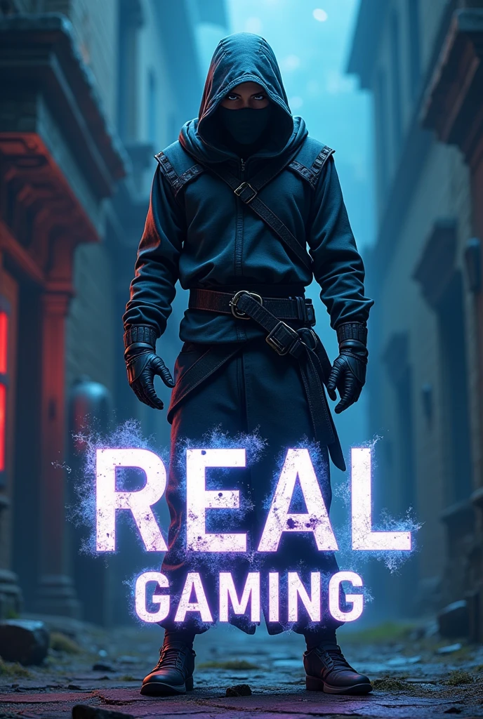 induce an eye- catching gaming totem with a Ninja avatar , enhanced by a witching gleam effect. text written in big futuristic font and white colour " REAL ," radiating intensity, and position" Gaming" written in big below the text for a dynamic and luminous design