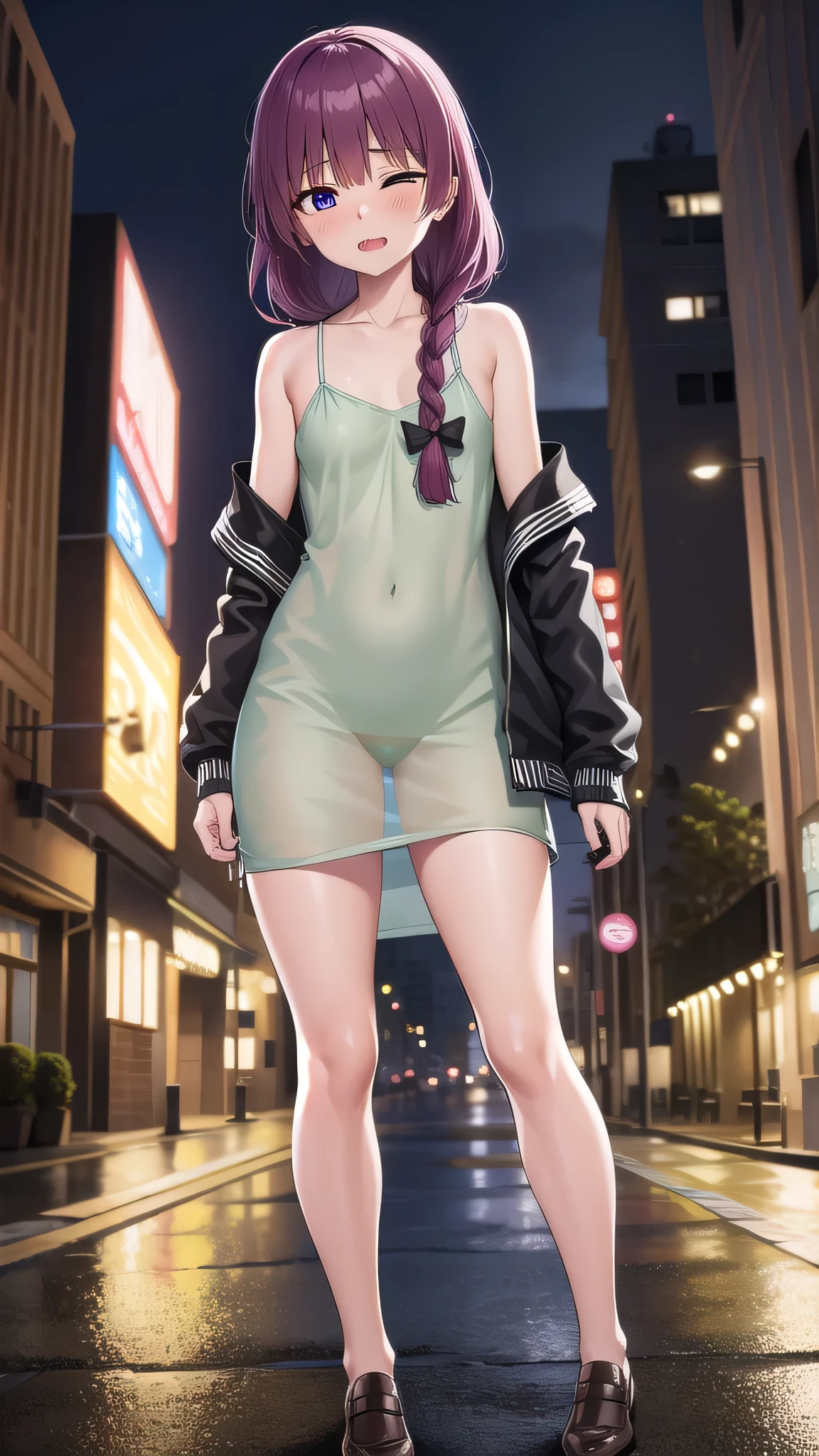 BREAK looking at viewer, BREAK (masterpiece:1.2), best quality, high resolution, unity 8k wallpaper, (illustration:0.8), (beautiful detailed eyes:1.6), extremely detailed face, perfect lighting, extremely detailed CG, (perfect hands, perfect anatomy),city,buildings,street, neon lights,wet road,reflections,night,kikuri hiroi, black bow, blunt bangs, braid, closed eyes, fang, hair bow, hair over shoulder, long hair, purple hair, sidelocks, single braid,small breasts,
black jacket, brown footwear, collarbone, wet dress, green dress, jacket, long sleeves, open clothes, open jacket, raglan sleeves, white sleeves,nipples see through,upskirt, showing panties,white panties, camel toe,