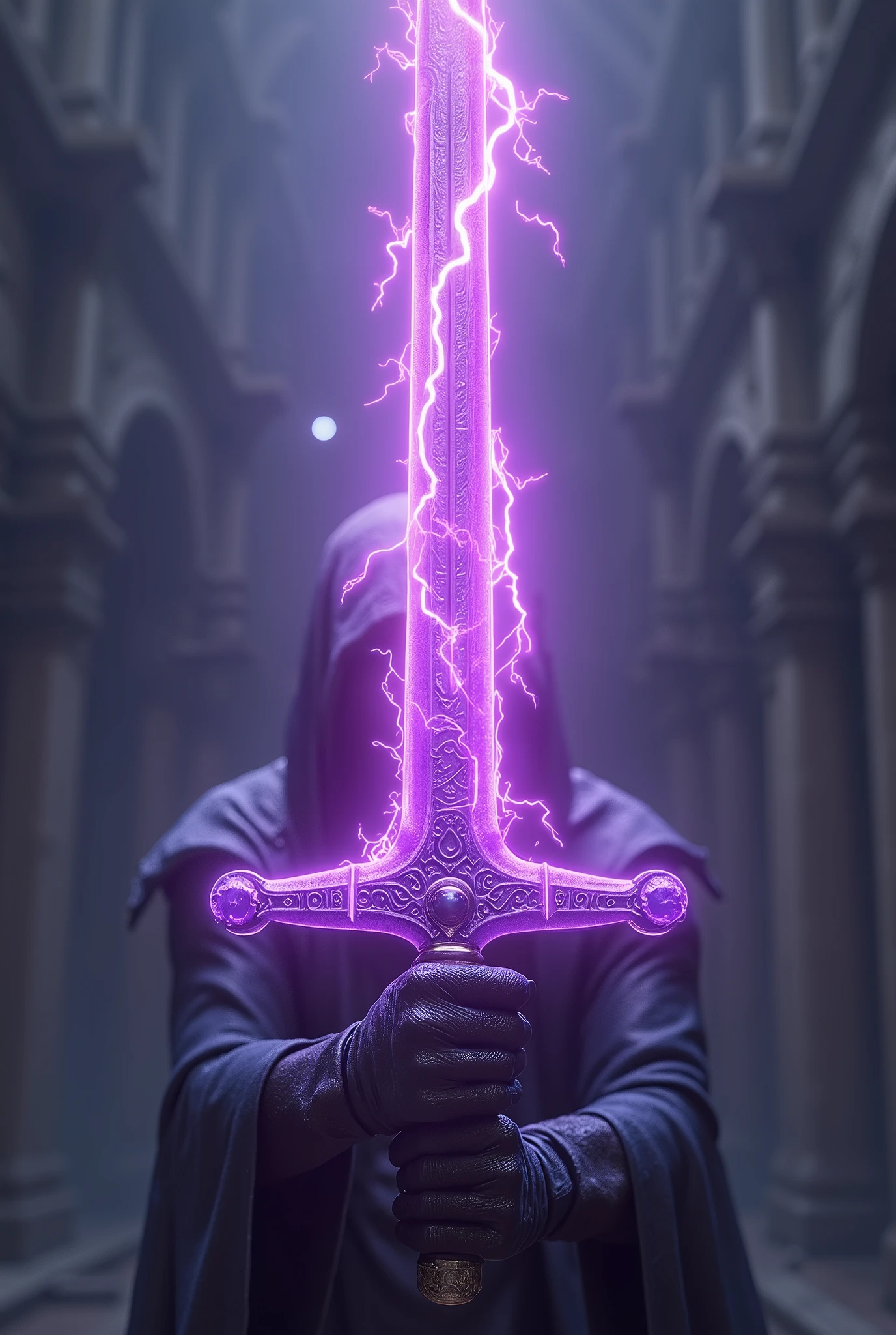 masterpiece, Highest quality, High resolutionCG Unity 8K壁紙, Giant purple sword with lightning. It is made with great precision. High resolution, A huge, shining sword. He is looking at you with his big, piercing eyes.. The sword glows purple, Creates an evil atmosphere. Three-dimensional illustrations with a sense of depth, (((The tip of the sword is pointing towards this))), Anatomy of the hand, Anatomical finger, Perfect hands, Perfect Fingers, Golden Ratio, 3D Art, 2.5D Art, Octane Rendering Style