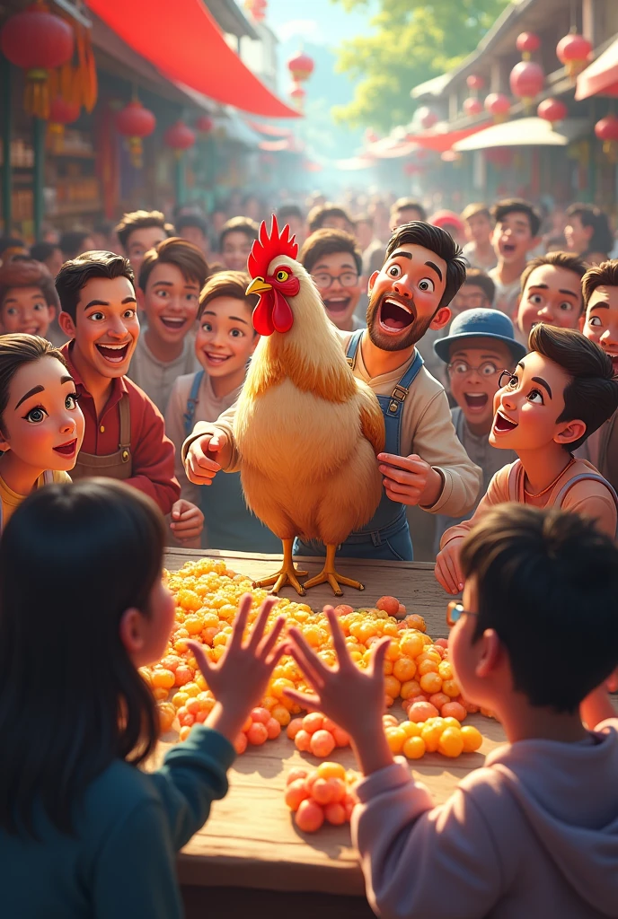 Image prompt: Surprised and enthusiastic customers around the merchant and chicken.