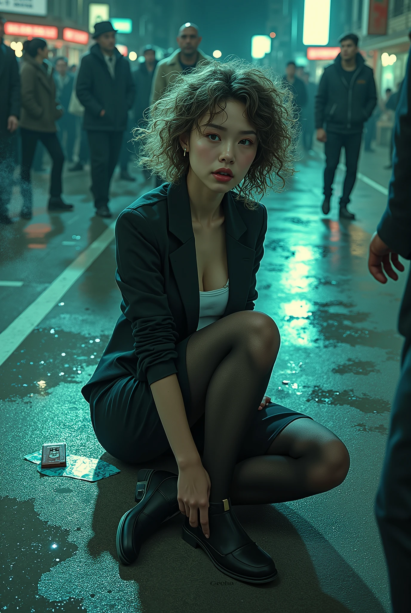 /quality (masterpiece,best quality,high resolution,High Quality,Realistic) /hair style (Curly Hair) /Clothes (pencil skirt,job interview suit,Black jacket,torn pantyhose:1.5,earring) /Pose Bend over,sit lean against a wall, legs spread:1.5 (Ahegao,orgasm,steam:1.5,swet:1.5), /Other crowd:1.5,fair skin,foot focus,lean against a wall,men,s hand:1.5,night, Roadside,ID card,asian