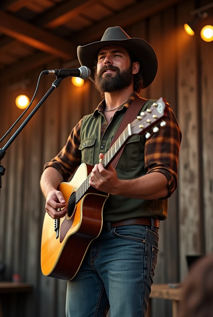 Create an image of a 20-year-old country singer with a beard and mustache, on a country stage