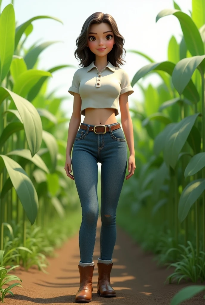 3d animation, 20-year-old girl, agronomist, skinny, with white skin, big-bodied, with medium-length dark brown hair, wearing jeans with a buckle belt, wearing ankle boots, with a short blouse showing her belly, in the middle of a sorghum plantation