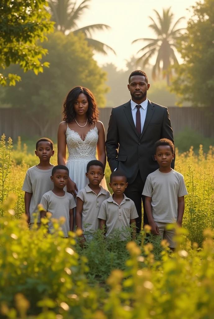Photorealism : weed yard in afternoon, family picture all facing front, brown skin people, man standing wearing a suit, woman wearing a weeding dress, five boys kids standing in the front