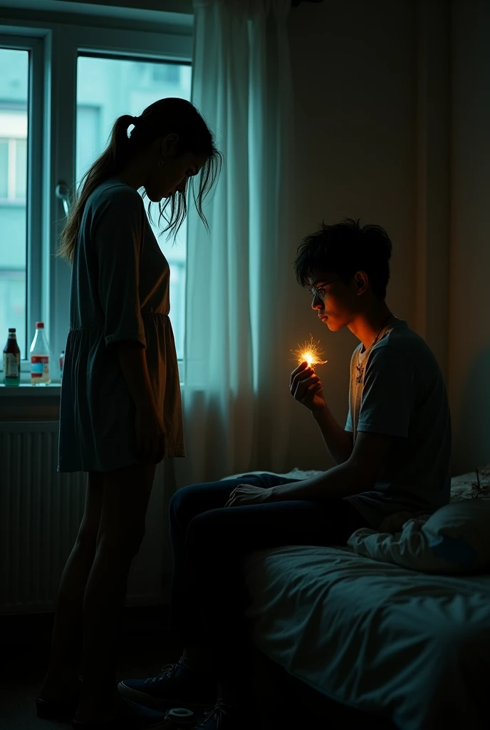 A young woman and a young man in a dimly lit apartment at night. The woman is standing by the window, her face illuminated by the streetlight. The man is sitting on the edge of the bed, a cigarette smoldering between his fingers. The room is filled with empty bottles and cigarette butts, creating a sense of despair and isolation., cinematic, photo, portrait photography