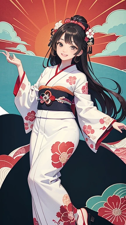 A beautiful woman smiles and shows her upper white teeth、Vividly colored Japanese Ukiyo-e style illustrations、(SeaArt creates stunning illustrations of beautiful women in kimono)、Brown-black long hair、Beautiful full body style、Let's dance a little Tokyo Ondo Yoiyoi、Beautiful digital painting,、Bright vibrant digital anime art、 Detailed digital anime art、 Beautiful anime portraits、background、Torii gate of a shrine in Kyoto, Japan、Detailed CG、