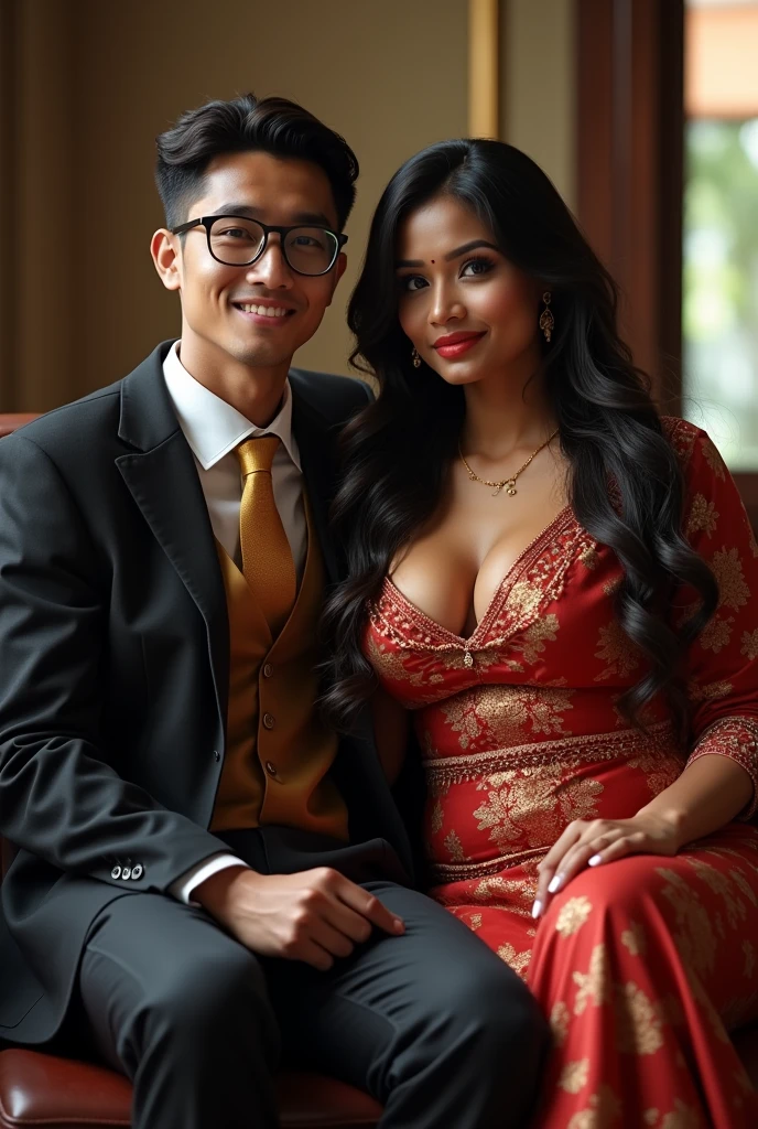 Wearing full body Academic regalia wealthy sri lankan average beautiful girl(big large breasts and butt) sit with sri lankan wealthy age 35 young spec's man (software,electrical,garments companies owner)