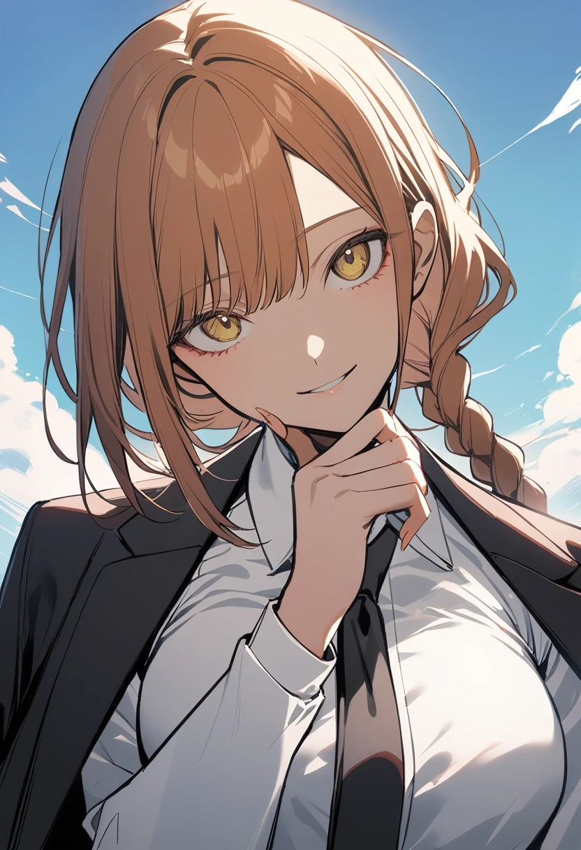 1girl, makima \(chainsaw man\), chainsaw man, black jacket, black necktie, black pants, braid, business suit, fingernails, formal, hand on own chin, jacket on shoulders, light smile, long sleeves, looking at viewer, looking up, medium breasts, office lady, smile, solo, suit, upper body, white shirt, outdoors