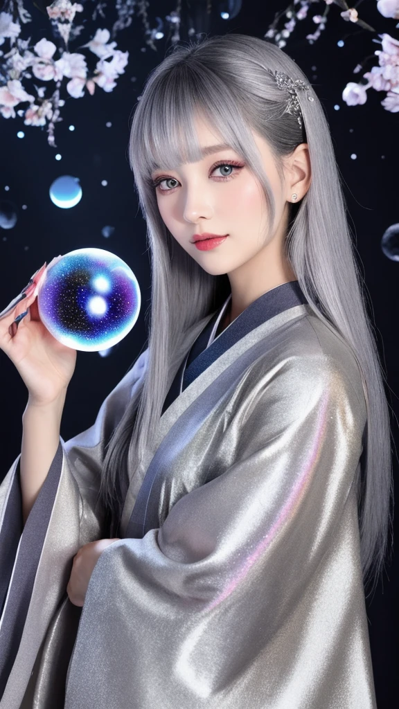 woman、Beauty、Gorgeous kimono、Android、Beautiful、Age 27、Whitening、European style、game、Transparencyのある肌、front、Upper Body、Make eye contact、Silver Hair、mysterious、Very long hair、Transparency、Gray Eyes、Cat Eyes、Dark eyeshadow、The background is a moonlit night.、Light pink background、Background glitter、Crystal ball、