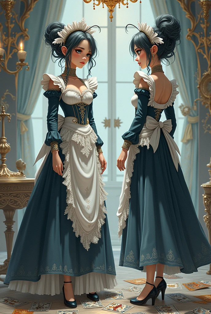character sheet, front, side, back, anime style, female worker ants, taking care of larvae, maid outfit, fantasy, magic, cool color tone, tarot cards, antique style, luxury, high society, high details