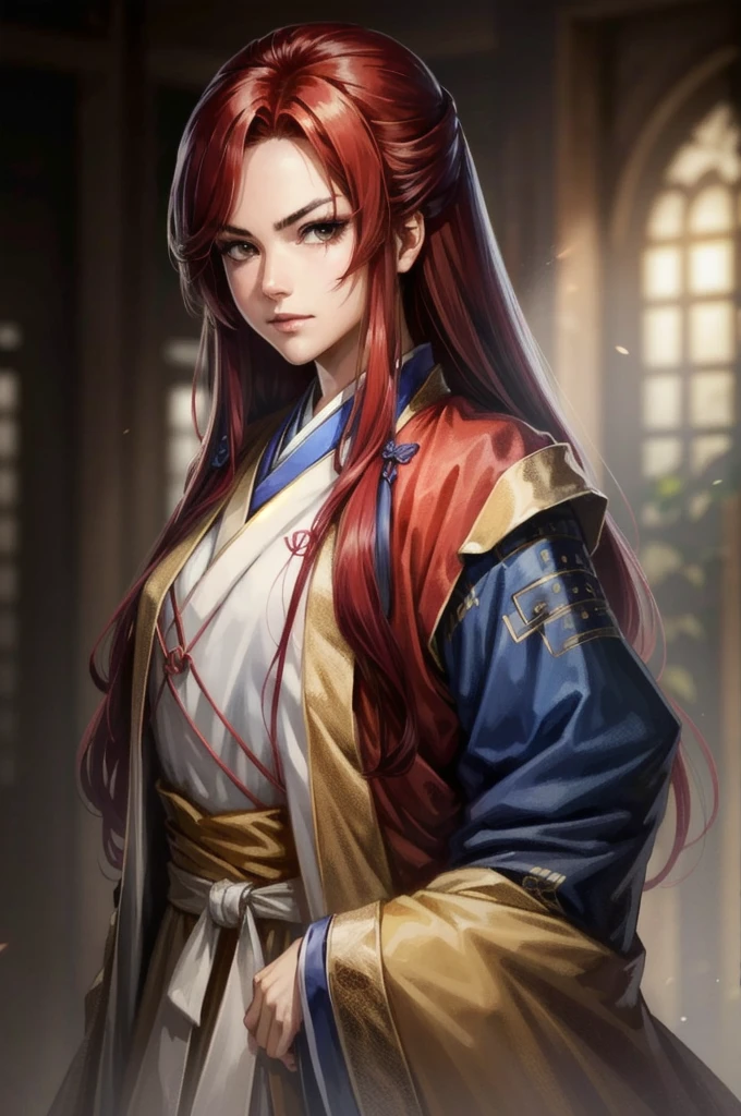 1People Women, Sad, Hanfu, Tight waist, Long red hair that isn't tied up, Her presence itself is captivating., anime style, motion blur, close-up, cowboy shot, UHD, retina, masterpiece, accurate, anatomically correct, textured skin, super detail, high details, high quality, award winning, best quality, highres