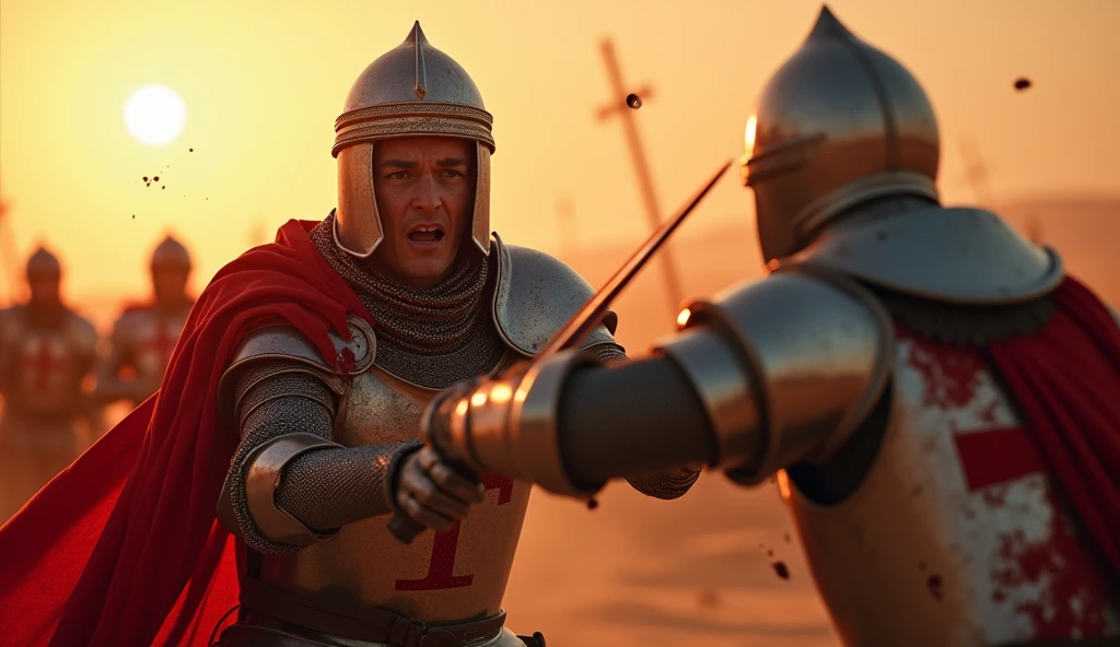 A highly realistic, high-contrast, 8K HD, detailed, hyper-detailed image. Depicting the moment when a Crusader knight is struck by an enemy's sword on a desert battlefield. The knight, fully armored and bearing a red cross emblem, is shown in the precise moment the sword deeply cuts into his armor, with shock and pain evident in his eyes. The enemy knight, also fully armored, wields the sword with fierce determination, their face obscured by a helmet. Blood sprays from the wound, and the background hints at the ongoing battle with other knights faintly visible. The desert sunset casts a red hue, dramatically lighting the scene and emphasizing the intensity and desperation of the moment. The image is of the highest quality, with ultra-high resolution, RAW photo quality, and Unreal Engine rendering, capturing the raw emotion and action of the battlefield.
