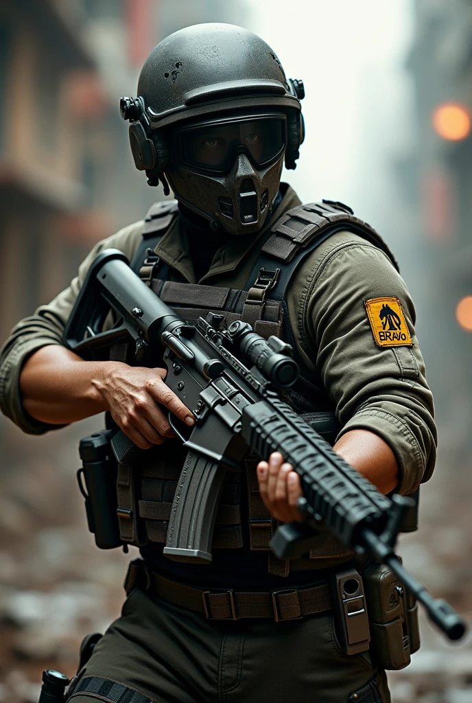 A image of a guy holding a m416 wearing a pubg helmet and a shirt written BRAVO on it
