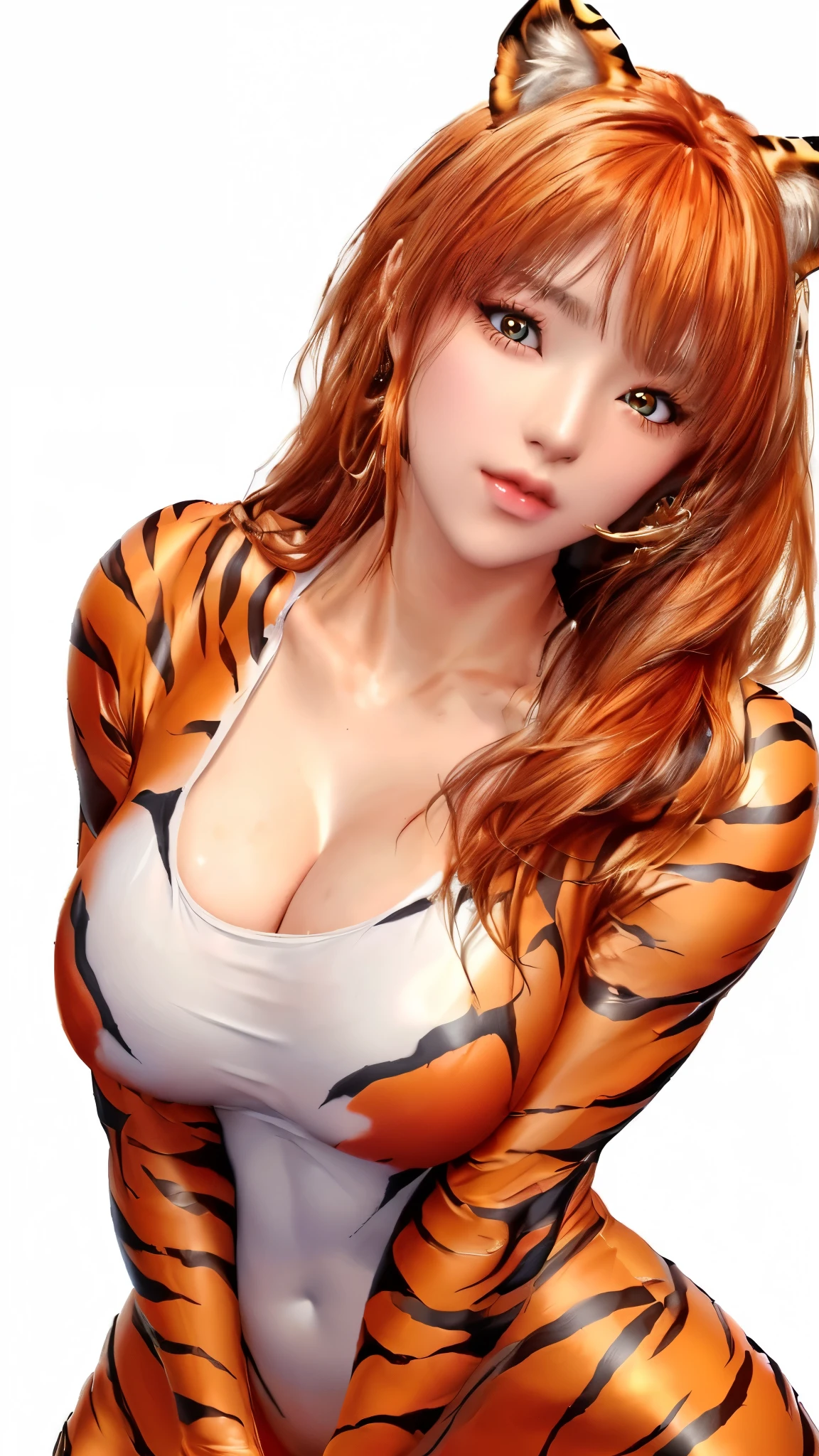 (((Perfect body,(((hwjsy, tigerstripebodysuit ))),(((Orange hair, orange long hair, orange straight hair, golden eyes, red lips, pink powder blusher, tiger ear headdress))),((masterpiece)),high resolution, ((Best quality at best)),masterpiece,quality,Best quality,((( Exquisite facial features,Looking at the audience,There is light in the eyes,Smile))),Looking up,From below))),(((Light and shadow,Huge breasts,))),(((Looking at the camera,White background,))))
