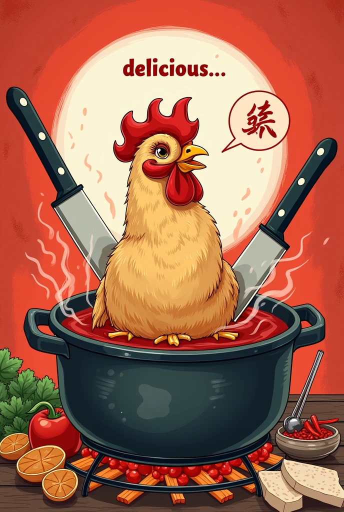 Background red and white, a pot on a top a fire, alive chicken in side the pot, two knifes crossed each other on top,food ingredients aside and a recipe on the other side, the chicken looking at the the fried chicken, write "Delicious ..." as a thought on the top of the chickens head,Write boldly with red and white letters" Hayken Chicken" At the bottom